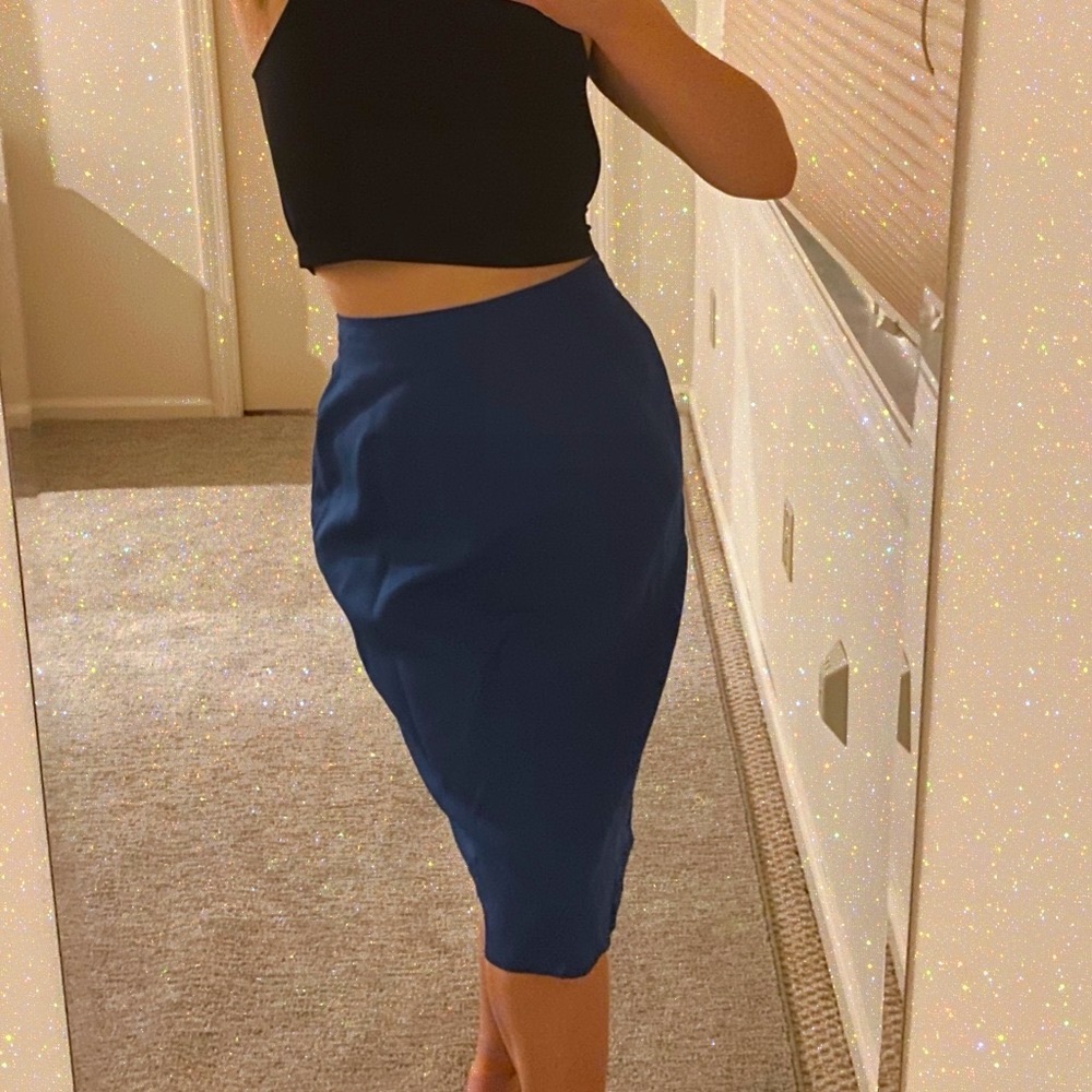 Vintage J. TIKTINER Cote D'Azur Made in France Blue Pencil Skirt 1970s